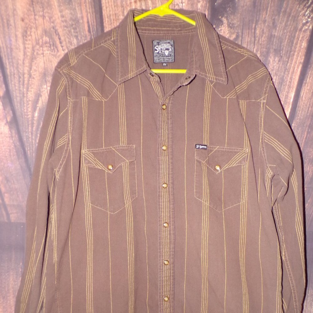 Southern Thread Brown Long Sleeve Pearl Snap Western Style Shirt XL